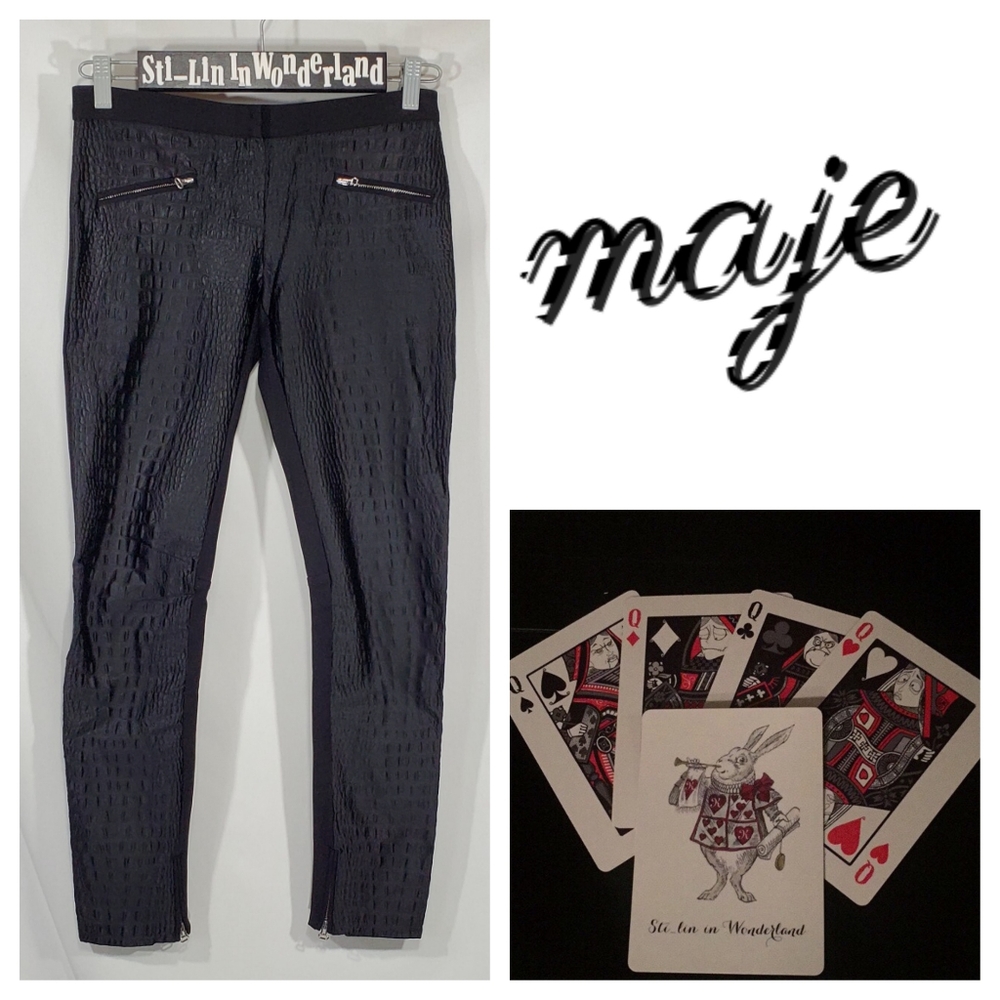 Maje Croc Embossed Satin Zip Ankle Skinny Pants